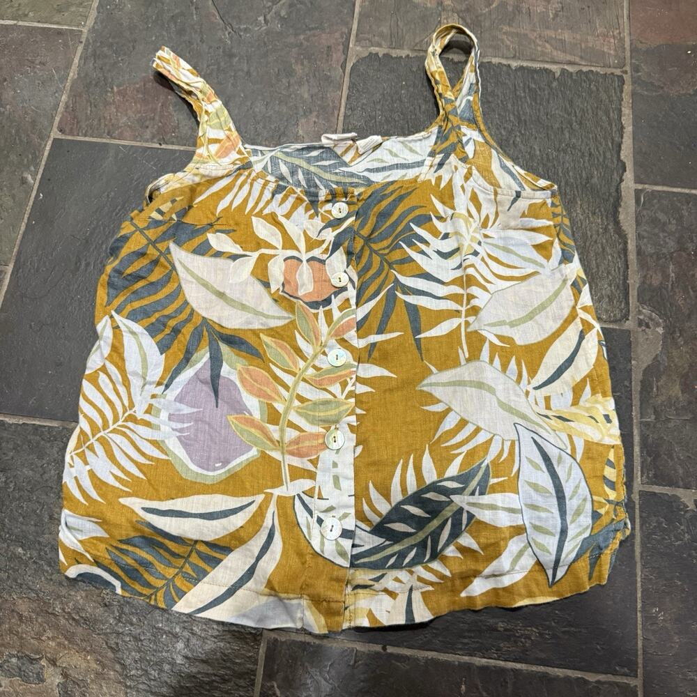 C&C California Women’s M 100% Linen Tropical Palm Print Button Front Tank Top
